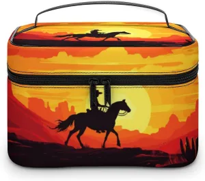 Travel Make Up Bag For Men Womens Cowboy Cartoon Sunset Cosmetic Bags With Compartments Handle Wedding Party Large Capacity Waterproof Skincare Toiletry Makeup Box Organizer
