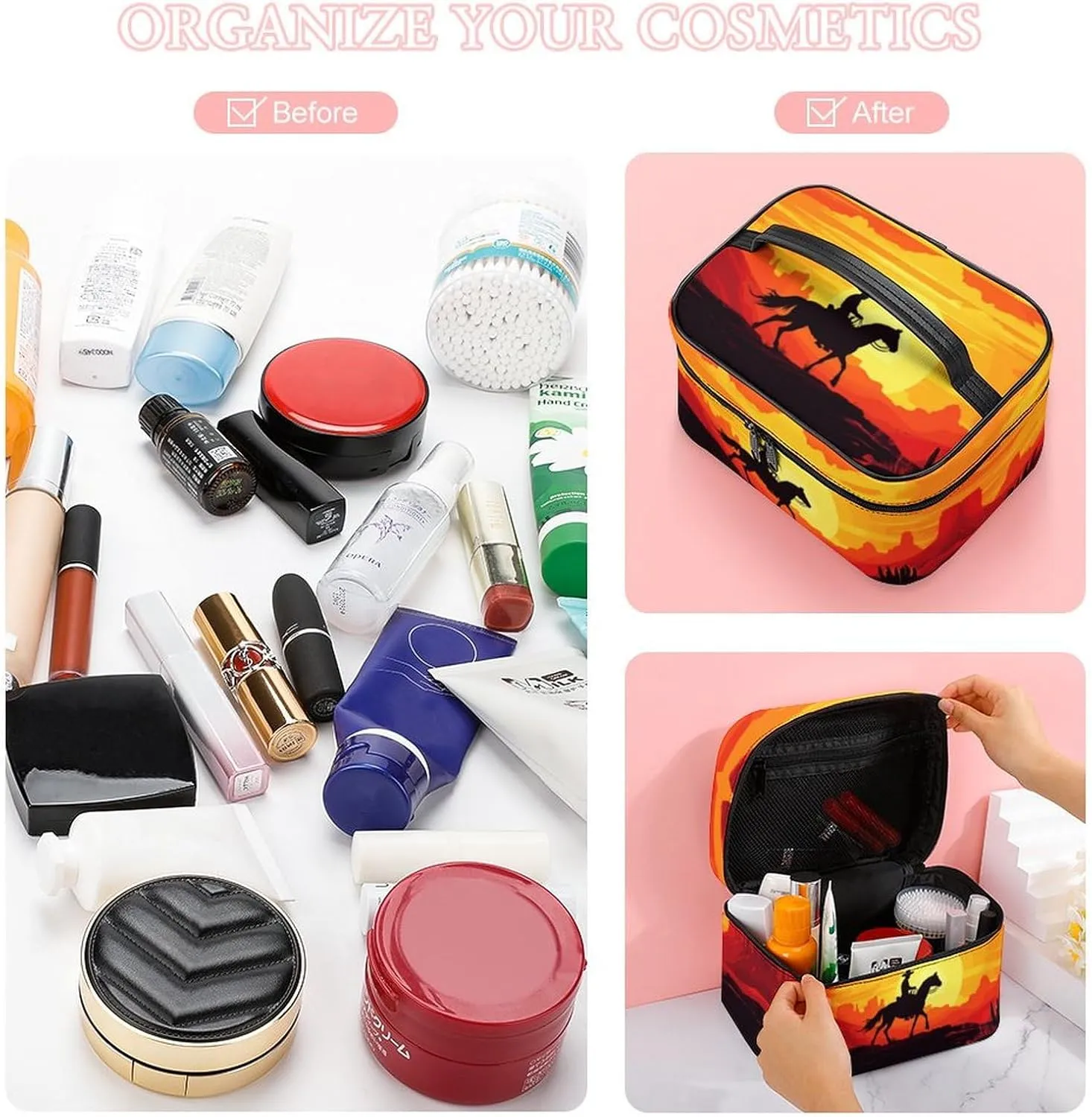 Travel Make Up Bag For Men Womens Cowboy Cartoon Sunset Cosmetic Bags With Compartments Handle Wedding Party Large Capacity Waterproof Skincare Toiletry Makeup Box Organizer