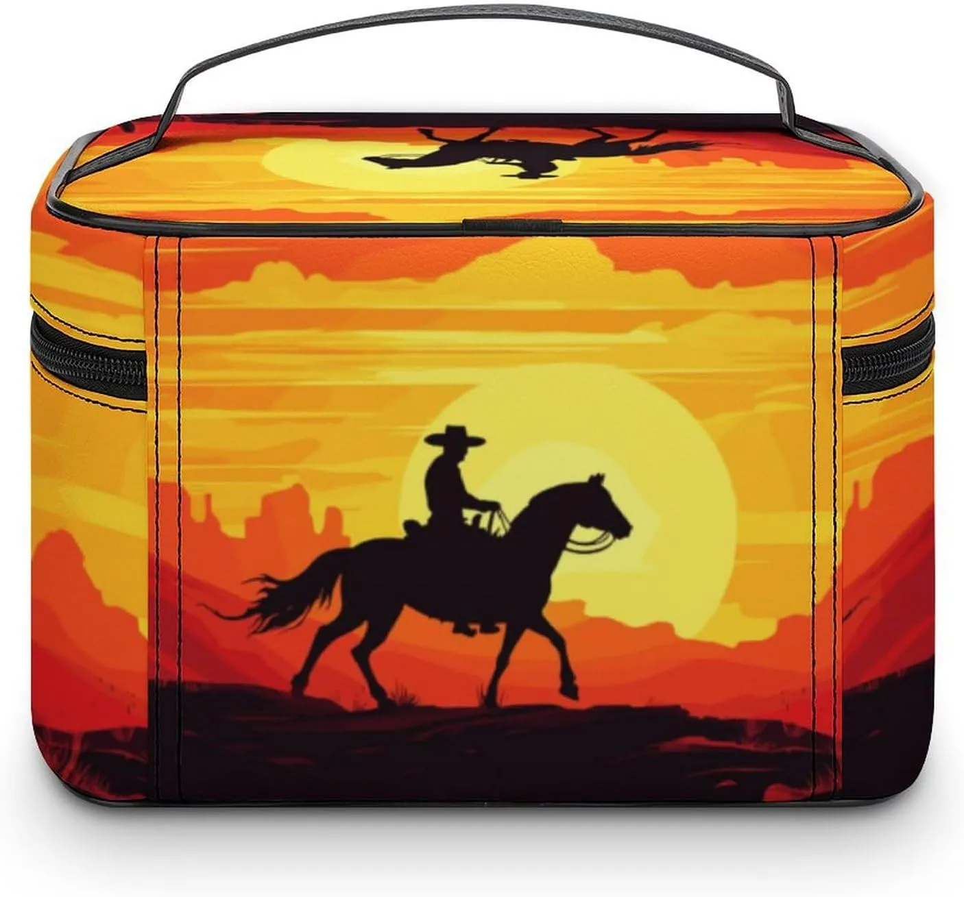 Travel Make Up Bag For Men Womens Cowboy Cartoon Sunset Cosmetic Bags With Compartments Handle Wedding Party Large Capacity Waterproof Skincare Toiletry Makeup Box Organizer