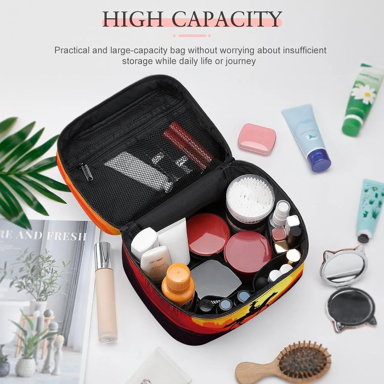 Travel Make Up Bag For Men Womens Cowboy Cartoon Sunset Cosmetic Bags With Compartments Handle Wedding Party Large Capacity Waterproof Skincare Toiletry Makeup Box Organizer