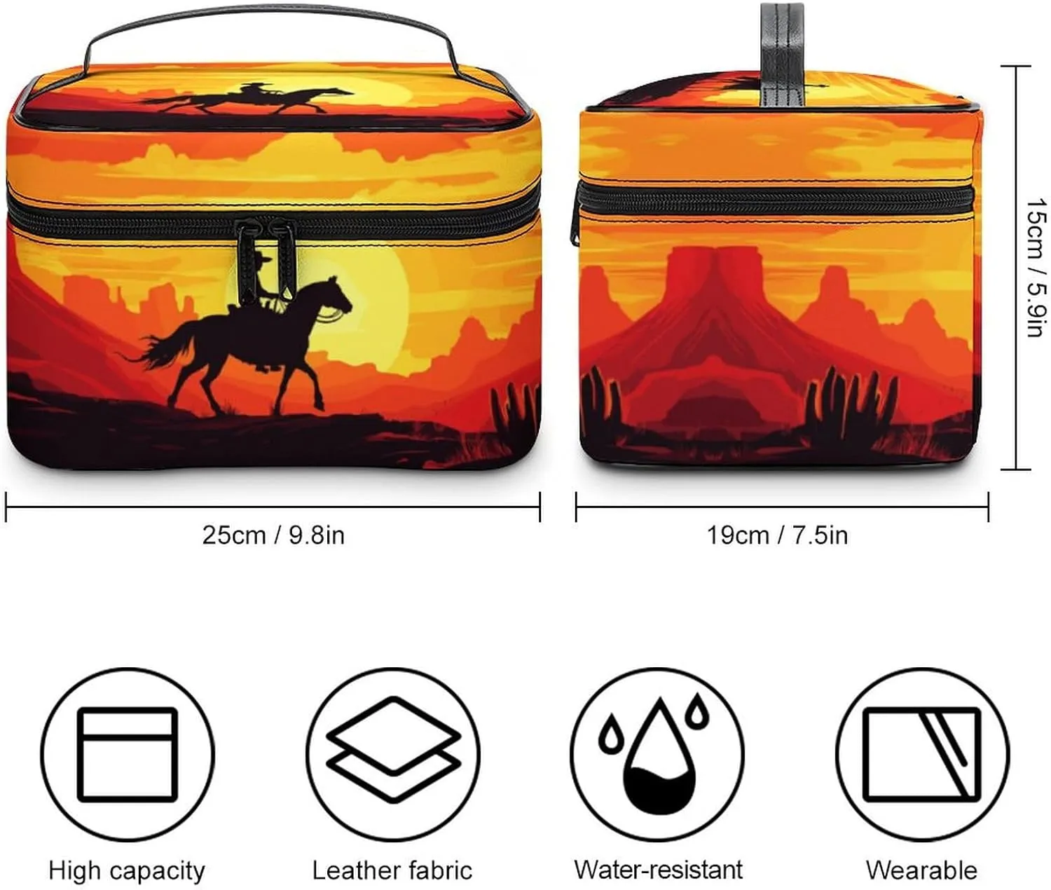 Travel Make Up Bag For Men Womens Cowboy Cartoon Sunset Cosmetic Bags With Compartments Handle Wedding Party Large Capacity Waterproof Skincare Toiletry Makeup Box Organizer