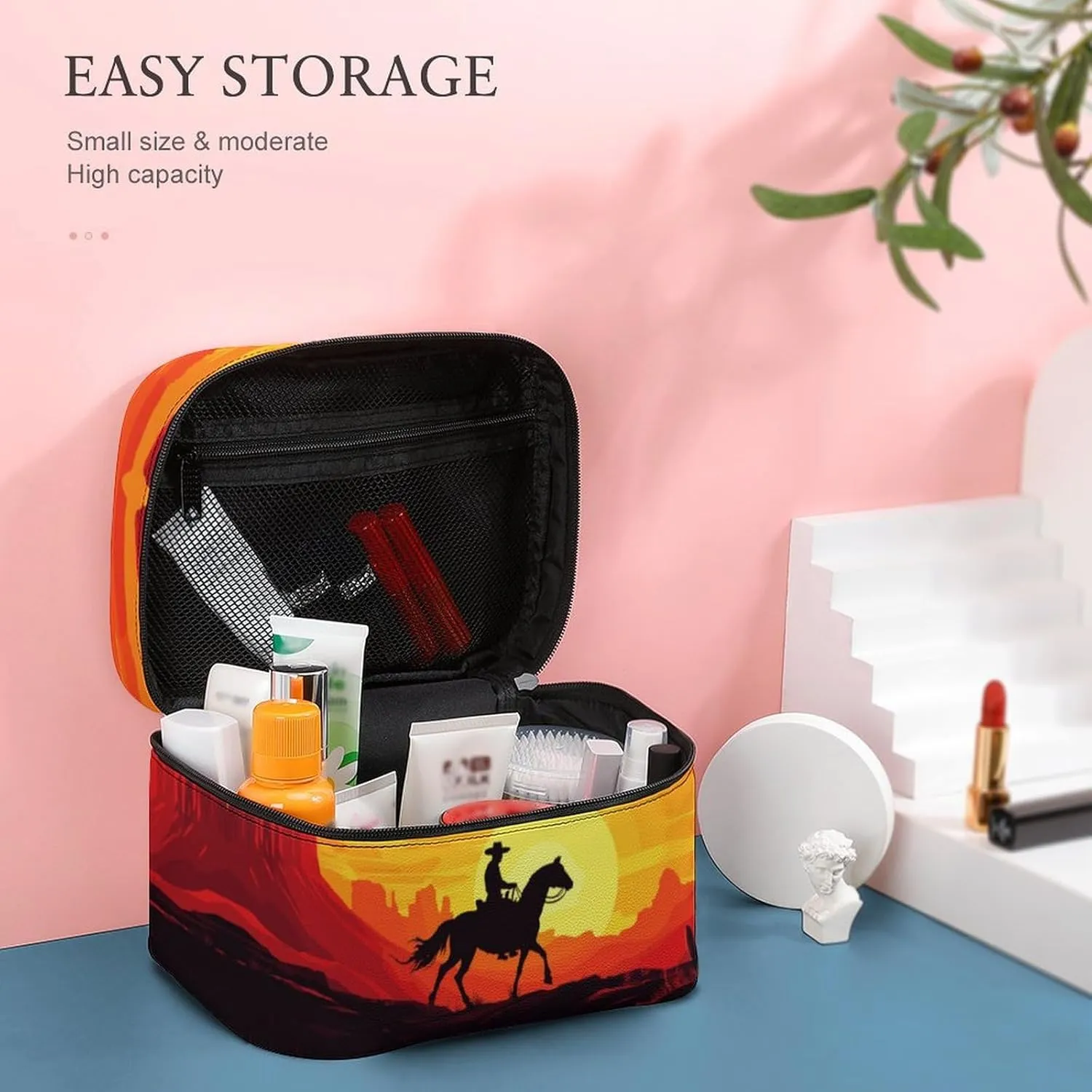 Travel Make Up Bag For Men Womens Cowboy Cartoon Sunset Cosmetic Bags With Compartments Handle Wedding Party Large Capacity Waterproof Skincare Toiletry Makeup Box Organizer