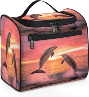 Travel Toiletry Bag for Women Men Dolphin Jump Ocean Sunset, Hanging Cosmetic Organizer Bag,Portable Water Resistant Makeup Bag,Travel Essentials Kit for Girls