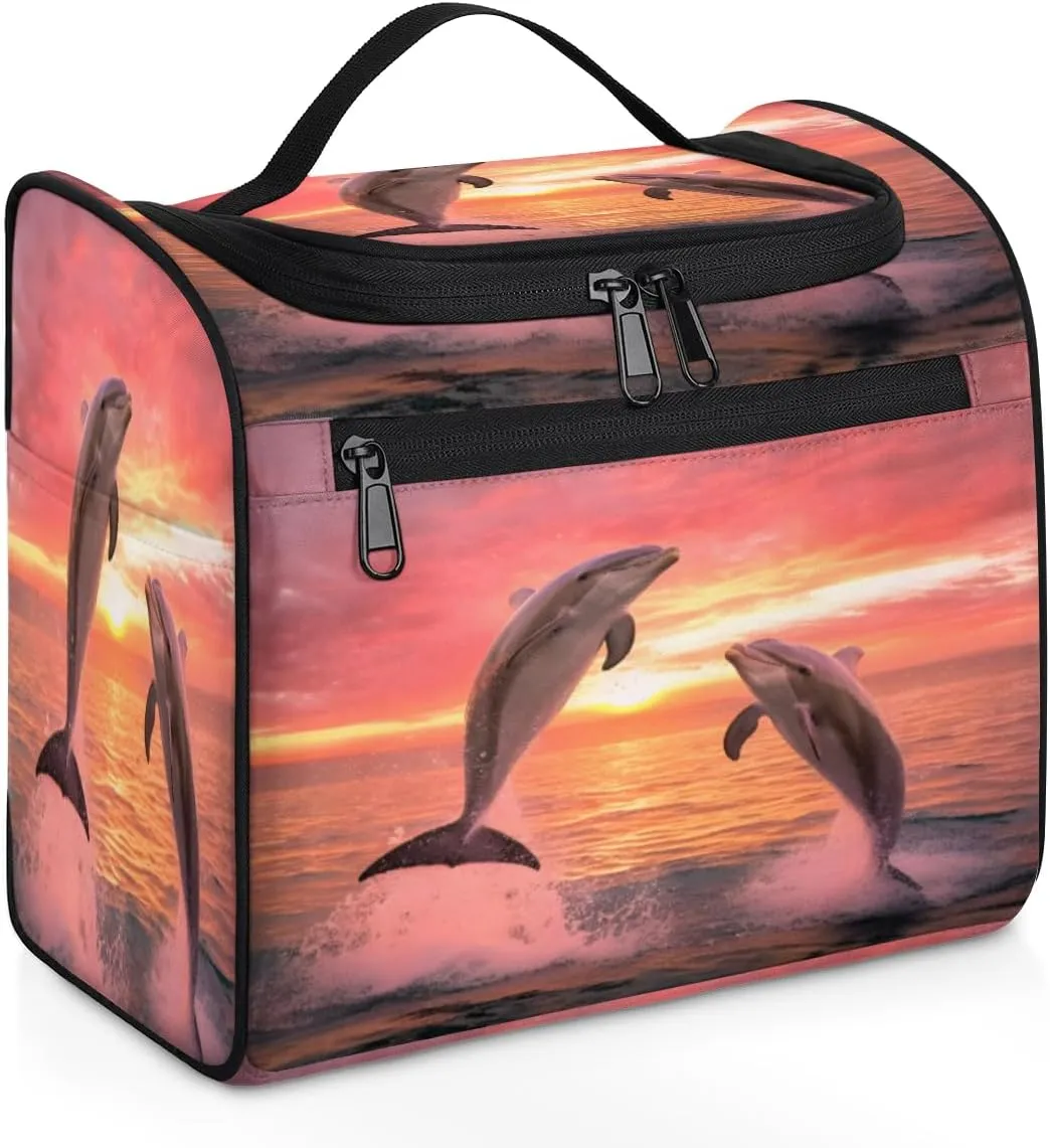 Travel Toiletry Bag for Women Men Dolphin Jump Ocean Sunset, Hanging Cosmetic Organizer Bag,Portable Water Resistant Makeup Bag,Travel Essentials Kit for Girls