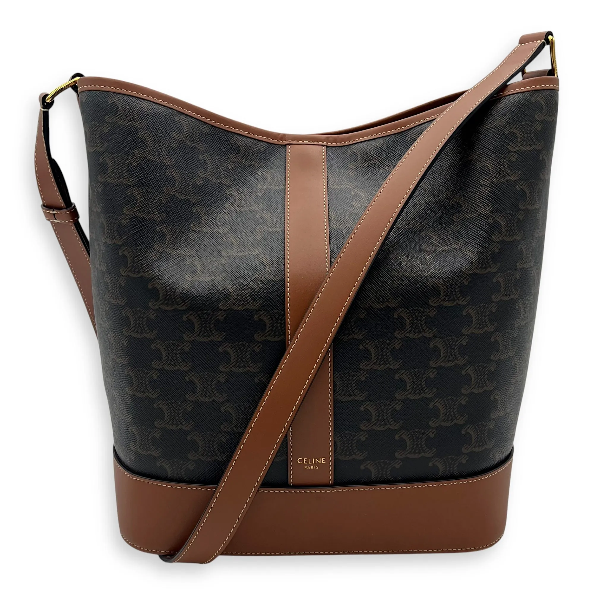 Triomphe Bucket Bag Black in Coated Canvas, Gold hardware