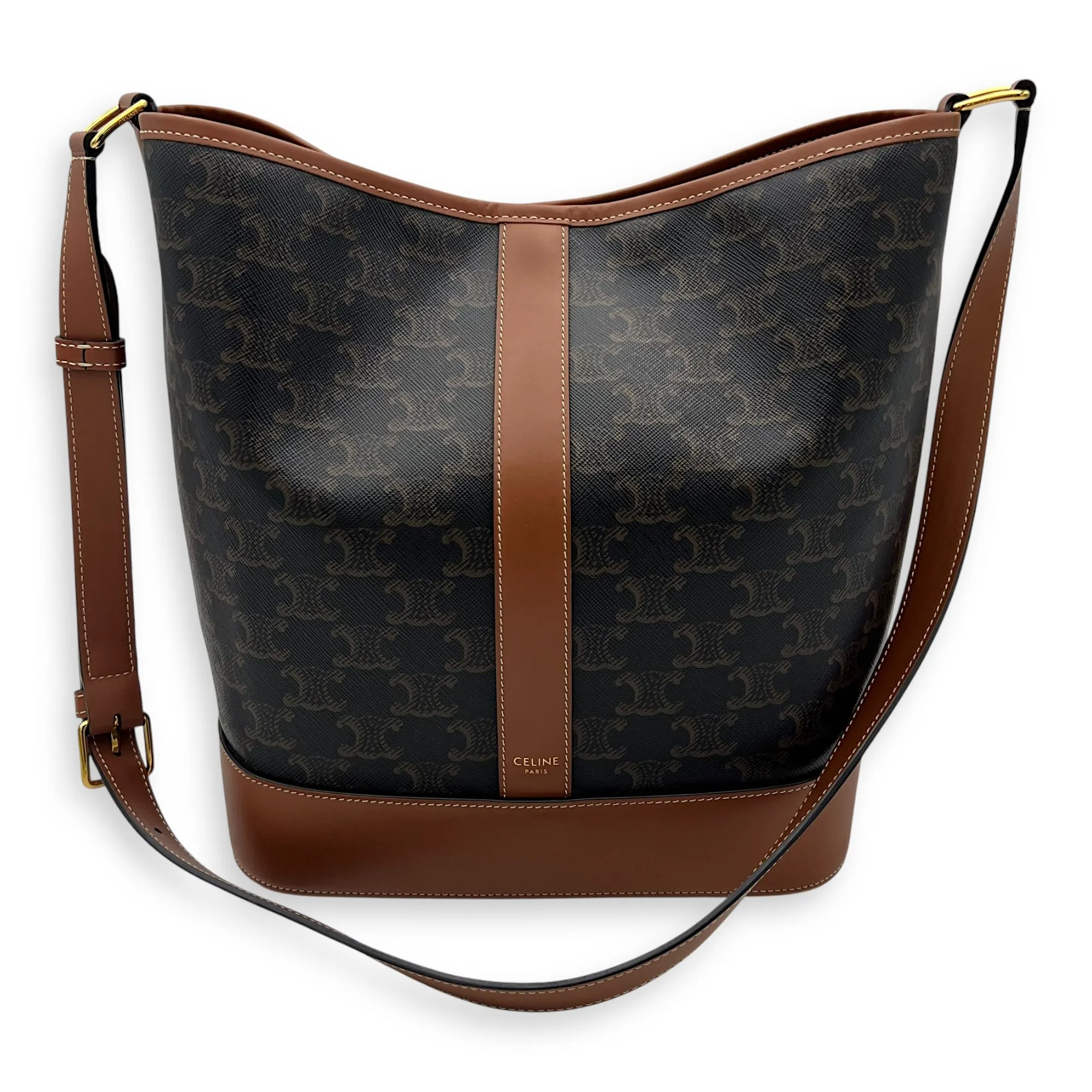 Triomphe Bucket Bag Black in Coated Canvas, Gold hardware