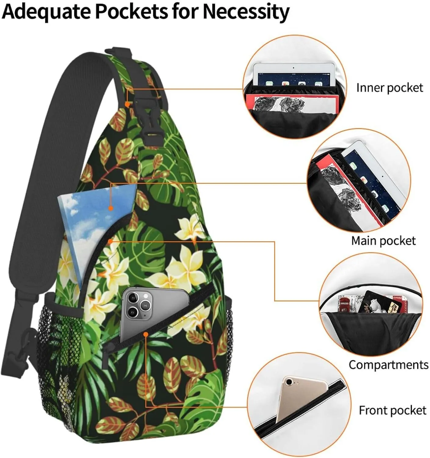 Tropical Hawaiian Flowers Sling Backpack, Multipurpose Crossbody Shoulder Bag Travel Hiking Daypack for Women Men