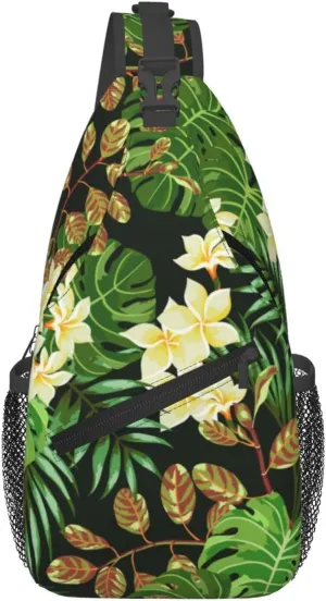 Tropical Hawaiian Flowers Sling Backpack, Multipurpose Crossbody Shoulder Bag Travel Hiking Daypack for Women Men