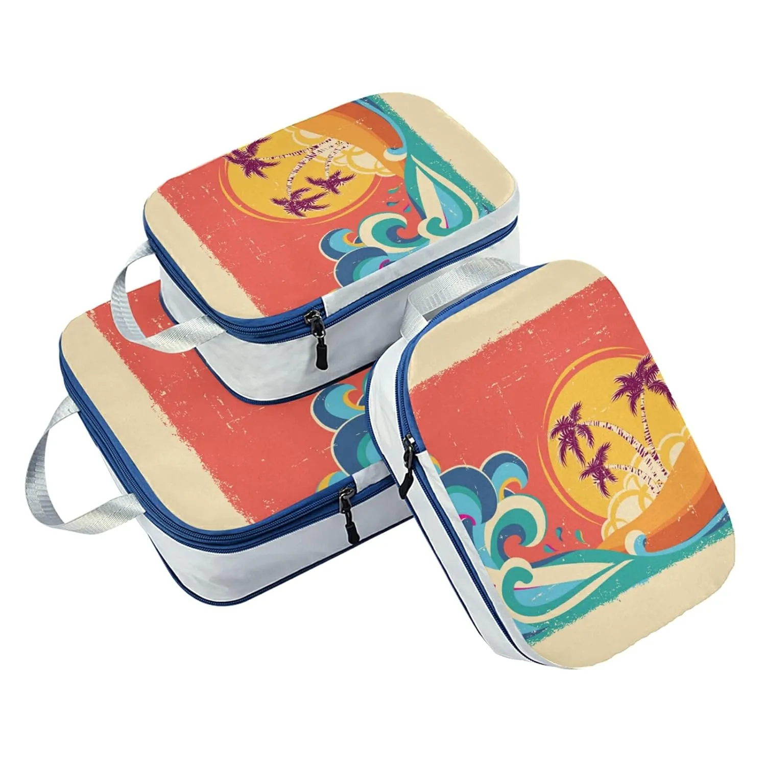 Tropical Palm Trees Blue Great Ocean Waves Sunset Retro Orange 3 Piece set Cubes Expandable Adjustable Luggage Packing Bags, Ultralight Organizer Accessories Travel Suitcase Compressible Bags