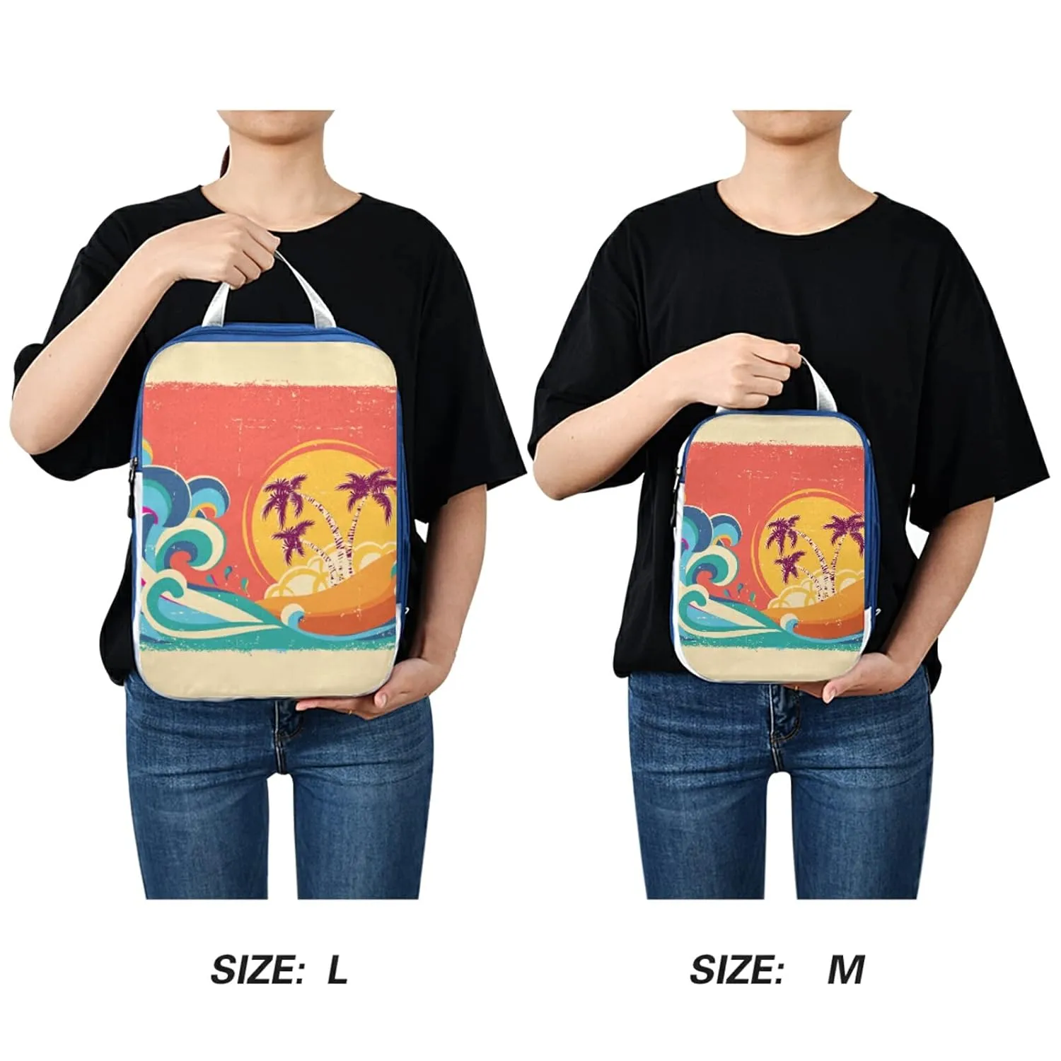 Tropical Palm Trees Blue Great Ocean Waves Sunset Retro Orange 3 Piece set Cubes Expandable Adjustable Luggage Packing Bags, Ultralight Organizer Accessories Travel Suitcase Compressible Bags
