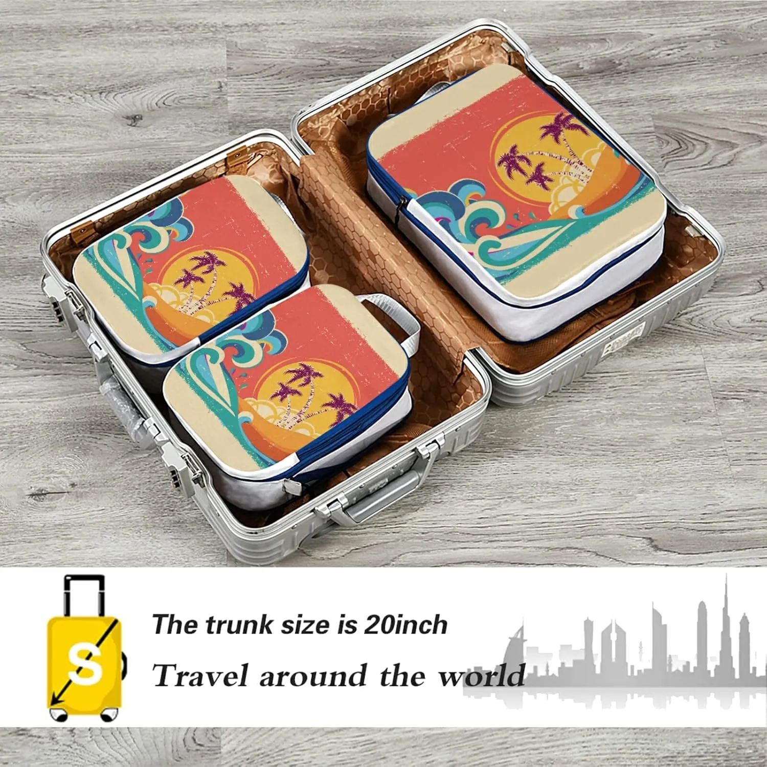 Tropical Palm Trees Blue Great Ocean Waves Sunset Retro Orange 3 Piece set Cubes Expandable Adjustable Luggage Packing Bags, Ultralight Organizer Accessories Travel Suitcase Compressible Bags