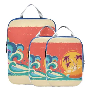 Tropical Palm Trees Blue Great Ocean Waves Sunset Retro Orange 3 Piece set Cubes Expandable Adjustable Luggage Packing Bags, Ultralight Organizer Accessories Travel Suitcase Compressible Bags