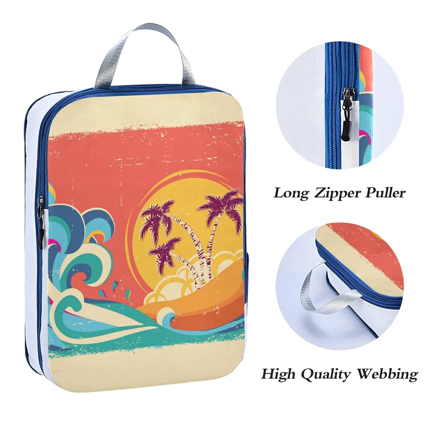 Tropical Palm Trees Blue Great Ocean Waves Sunset Retro Orange 3 Piece set Cubes Expandable Adjustable Luggage Packing Bags, Ultralight Organizer Accessories Travel Suitcase Compressible Bags