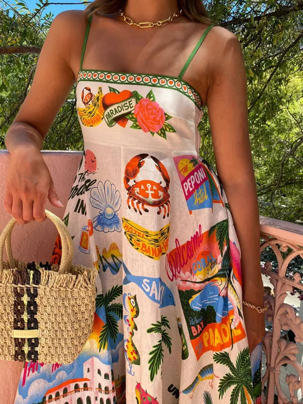 Tropical Print Maxi Dress with Sling Straps