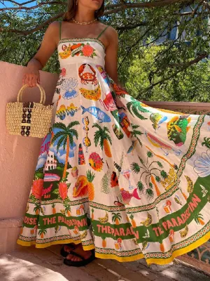 Tropical Print Maxi Dress with Sling Straps