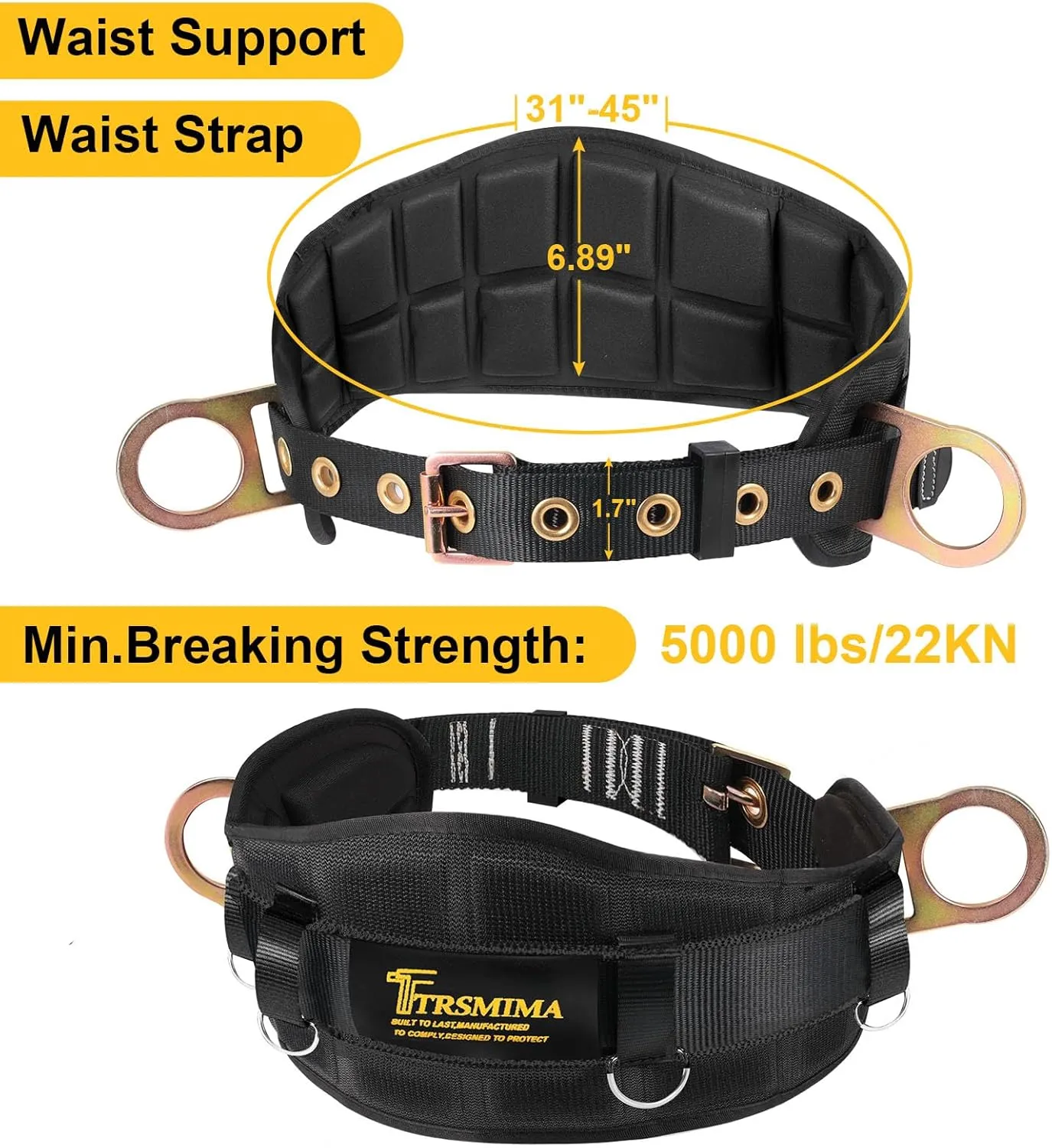 TRSMIMA Safety Harness Climbing Belt - Black Body Fall Protection Men Roof Tree Work Waist-Tongue Buckle Pad D-Ring
