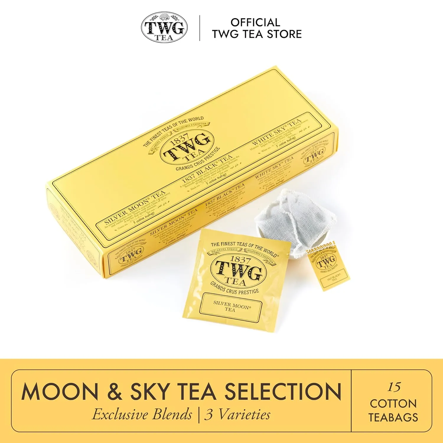 TWG Tea | Moon & Sky Selection | 3 Varieties | Exclusive Tea Blends | 15 Hand Sewn Cotton Tea Bags | Gift Set