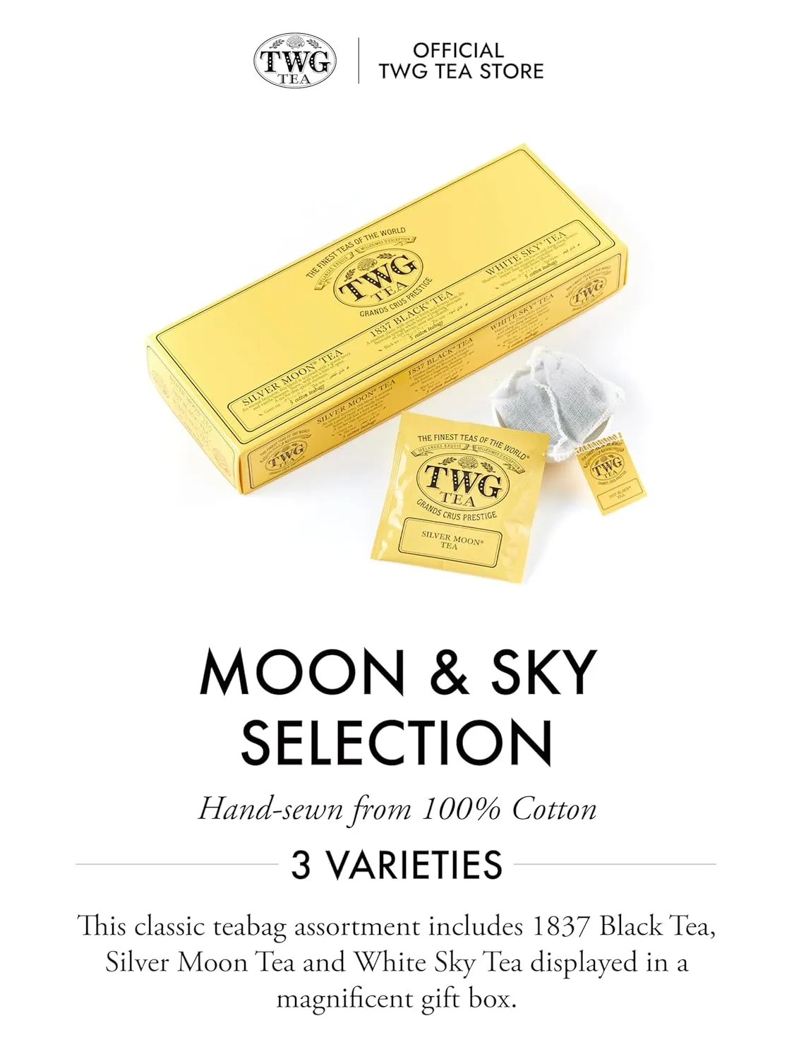 TWG Tea | Moon & Sky Selection | 3 Varieties | Exclusive Tea Blends | 15 Hand Sewn Cotton Tea Bags | Gift Set