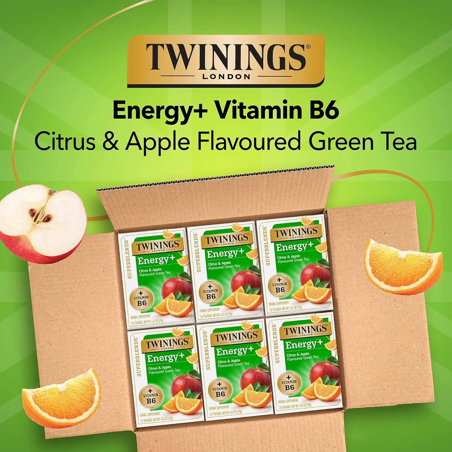 Twinings Superblends Energy  Herbal Tea with Vitamin B6, Citrus & Apple Caffeine-Free Green Tea, 16 Tea Bags (Pack of 6), Enjoy Hot or Iced