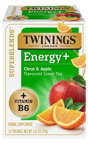 Twinings Superblends Energy  Herbal Tea with Vitamin B6, Citrus & Apple Caffeine-Free Green Tea, 16 Tea Bags (Pack of 6), Enjoy Hot or Iced