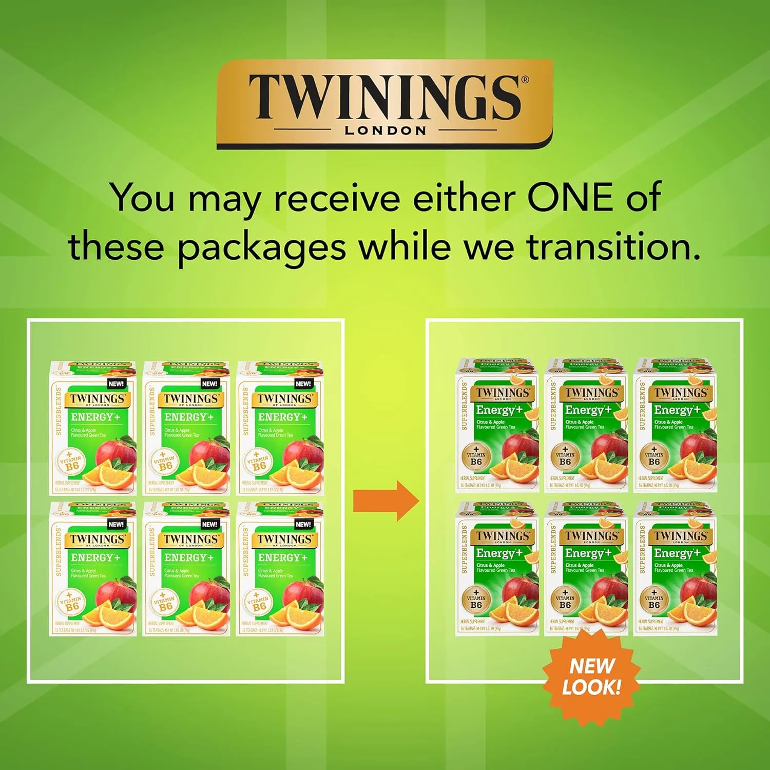 Twinings Superblends Energy  Herbal Tea with Vitamin B6, Citrus & Apple Caffeine-Free Green Tea, 16 Tea Bags (Pack of 6), Enjoy Hot or Iced