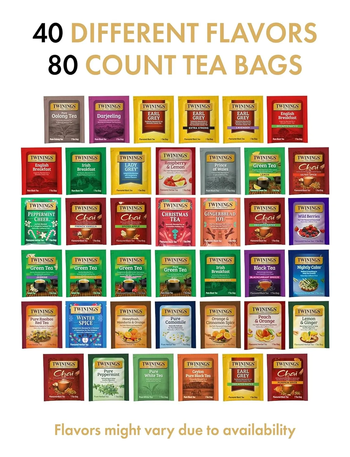 Twinings Tea Bag Sampler Assortment, Variety Pack (80 Count), 40 Unique Flavors for Tea Lovers: Women, Men, Couples, Family, Friends, Coworkers