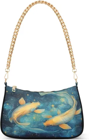Two Goldfish Koi Fish Shoulder Handbags for Women Travel Hobo Tote Handbag Women Gold Chain Shoulder Bags Purse with Zipper Closure