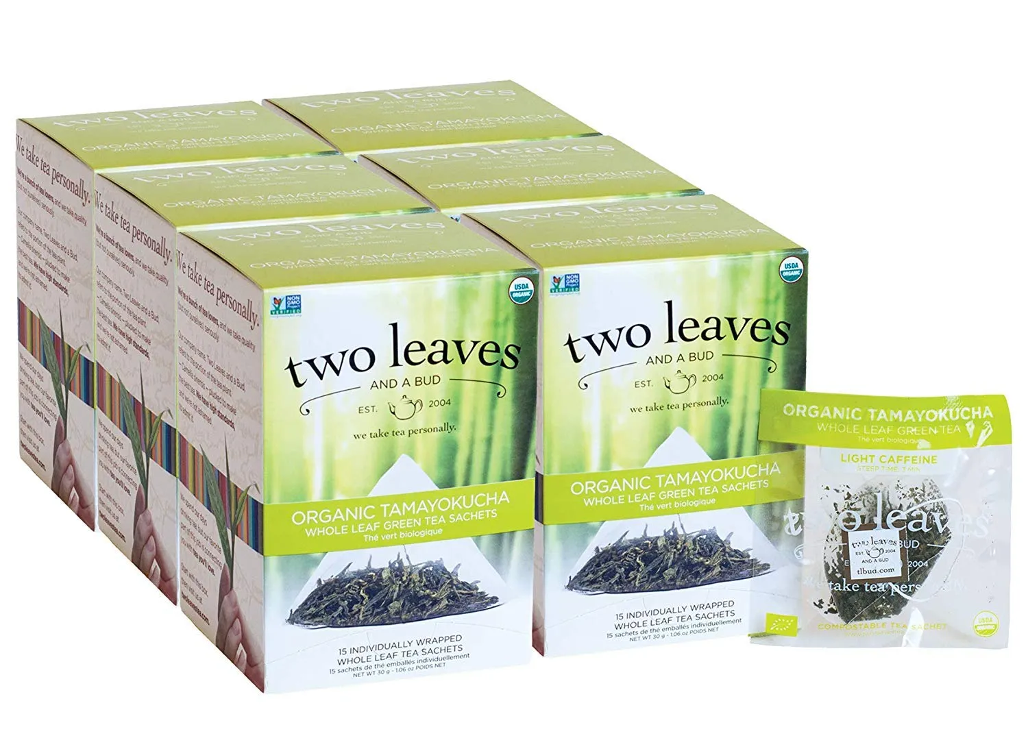 Two Leaves and a Bud Organic Tamayokucha Green Tea Bags, Whole Leaf Green Tea in Compostable Sachets, Japanese Green Tea, Light Flavor, 15 Count (Pack of 6)