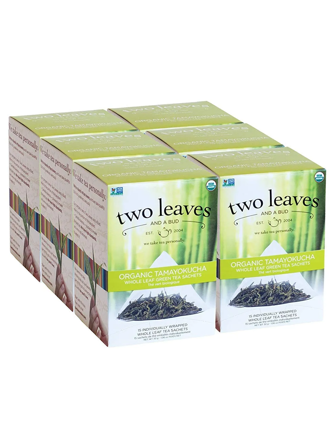 Two Leaves and a Bud Organic Tamayokucha Green Tea Bags, Whole Leaf Green Tea in Compostable Sachets, Japanese Green Tea, Light Flavor, 15 Count (Pack of 6)