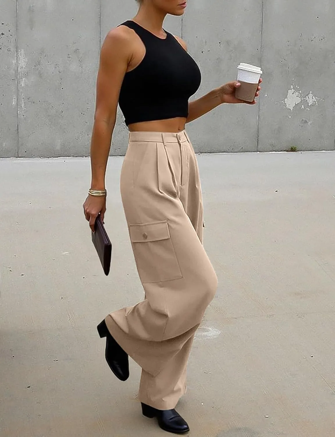 UEU Womens High Waisted Wide Leg Cargo Pants Baggy Dress Pants Business Casual Work Trousers with 4 Pockets 2025 Trendy
