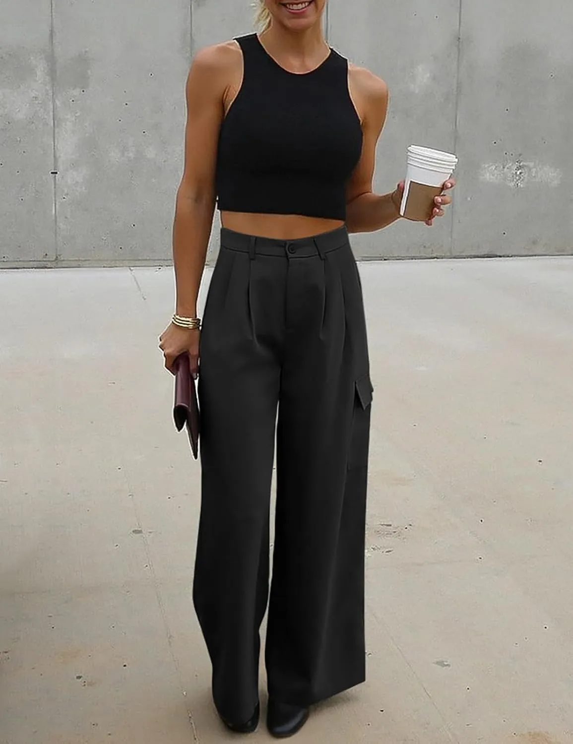 UEU Womens High Waisted Wide Leg Cargo Pants Baggy Dress Pants Business Casual Work Trousers with 4 Pockets 2025 Trendy