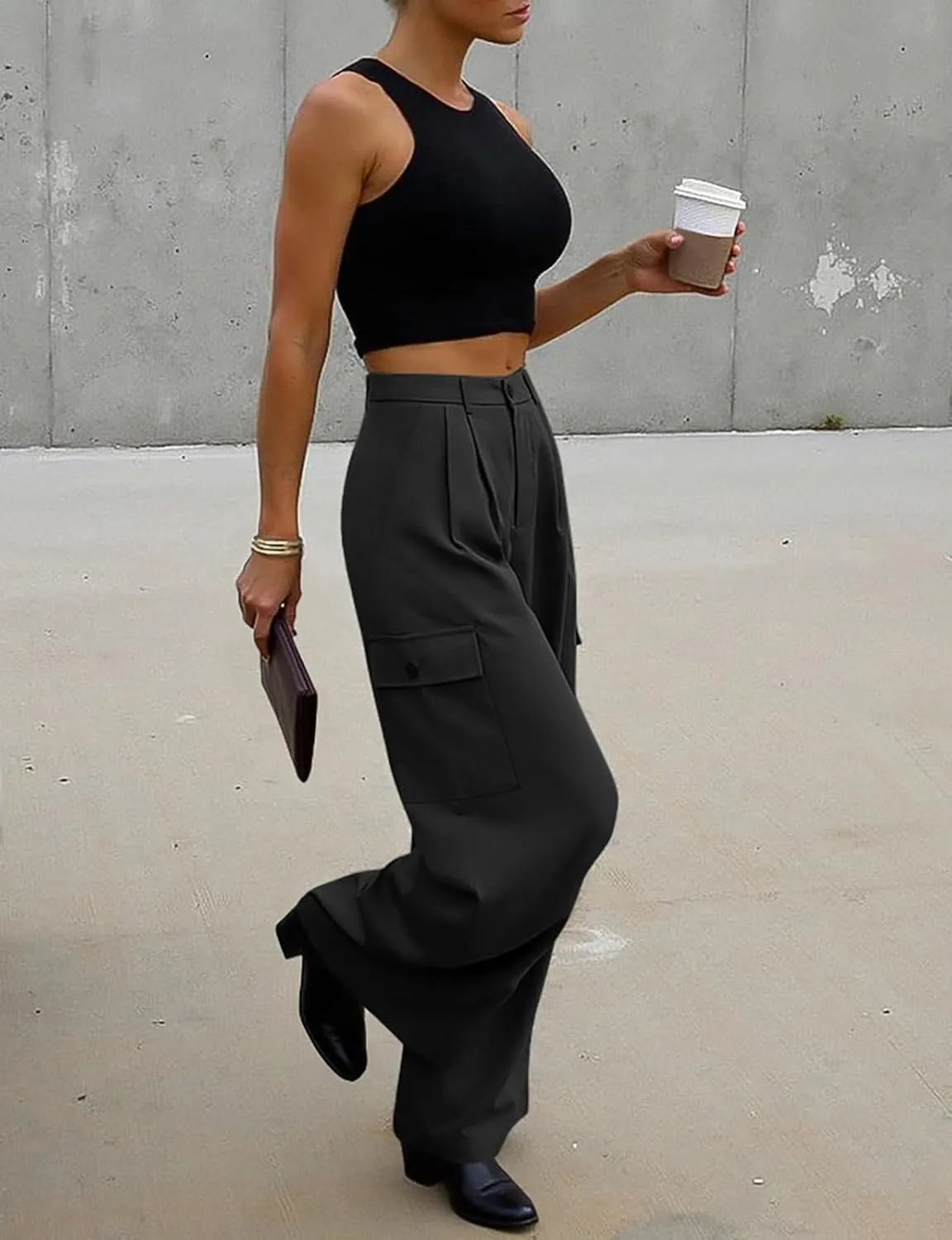 UEU Womens High Waisted Wide Leg Cargo Pants Baggy Dress Pants Business Casual Work Trousers with 4 Pockets 2025 Trendy