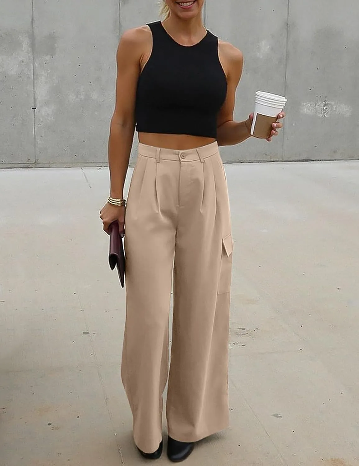 UEU Womens High Waisted Wide Leg Cargo Pants Baggy Dress Pants Business Casual Work Trousers with 4 Pockets 2025 Trendy