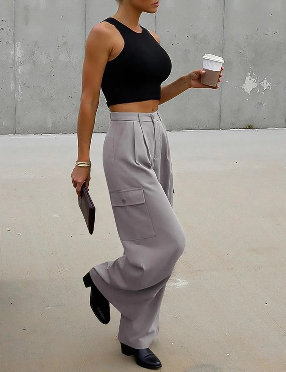 UEU Womens High Waisted Wide Leg Cargo Pants Baggy Dress Pants Business Casual Work Trousers with 4 Pockets 2025 Trendy