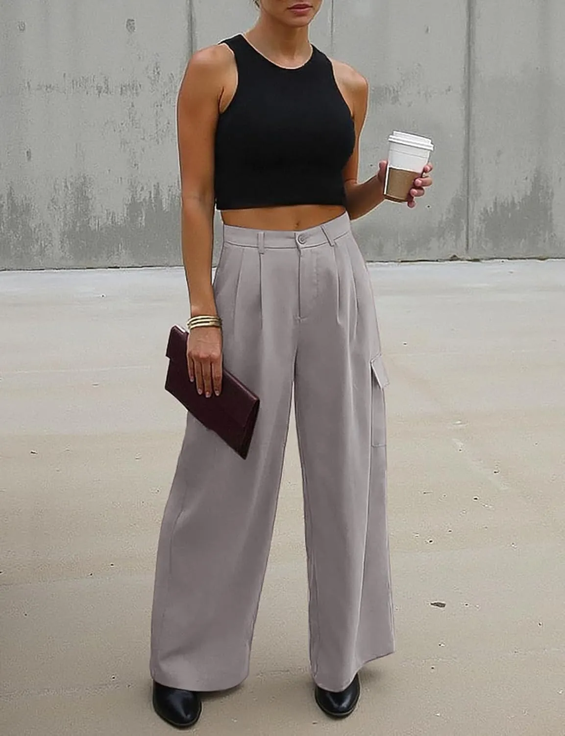 UEU Womens High Waisted Wide Leg Cargo Pants Baggy Dress Pants Business Casual Work Trousers with 4 Pockets 2025 Trendy