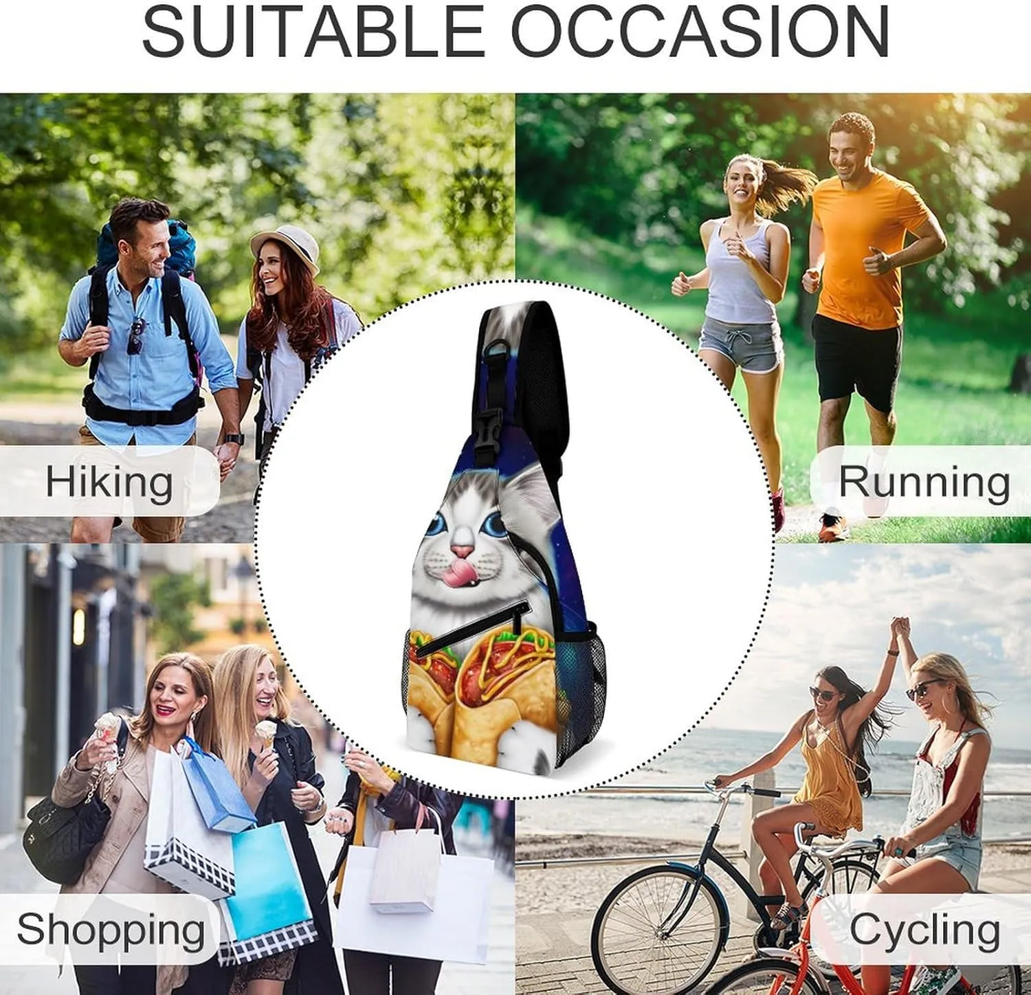 Ultra Lightweight Sling Bag Backpack Chest Day Bag Multipurpose Anti-Theft Backpacking for Outdoor Cycling Hiking Travel, Tool Backpack (Galaxy Taco Cat Pizza Art)