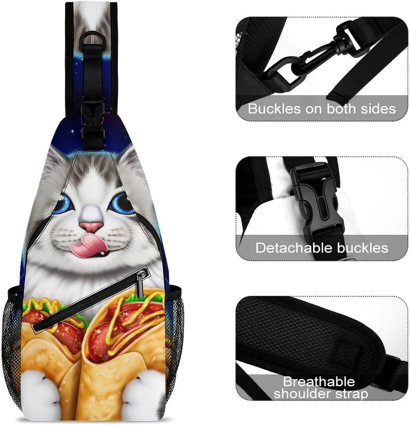 Ultra Lightweight Sling Bag Backpack Chest Day Bag Multipurpose Anti-Theft Backpacking for Outdoor Cycling Hiking Travel, Tool Backpack (Galaxy Taco Cat Pizza Art)