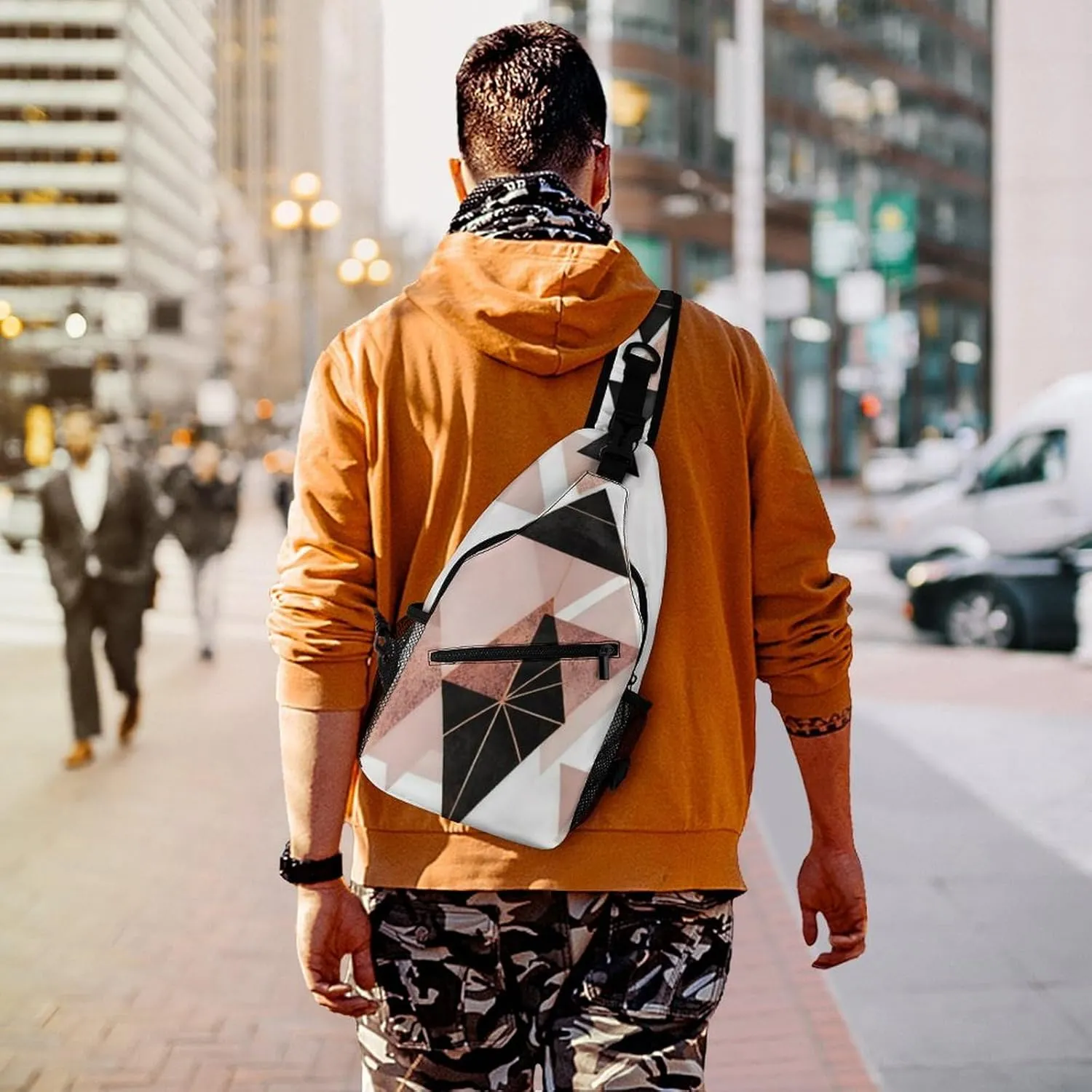 Ultra Lightweight Sling Bag Backpack Chest Day Bag Multipurpose Anti-Theft Backpacking for Outdoor Cycling Hiking Travel, Tool Backpack (Geometric Triangles Rose Gold White Art)