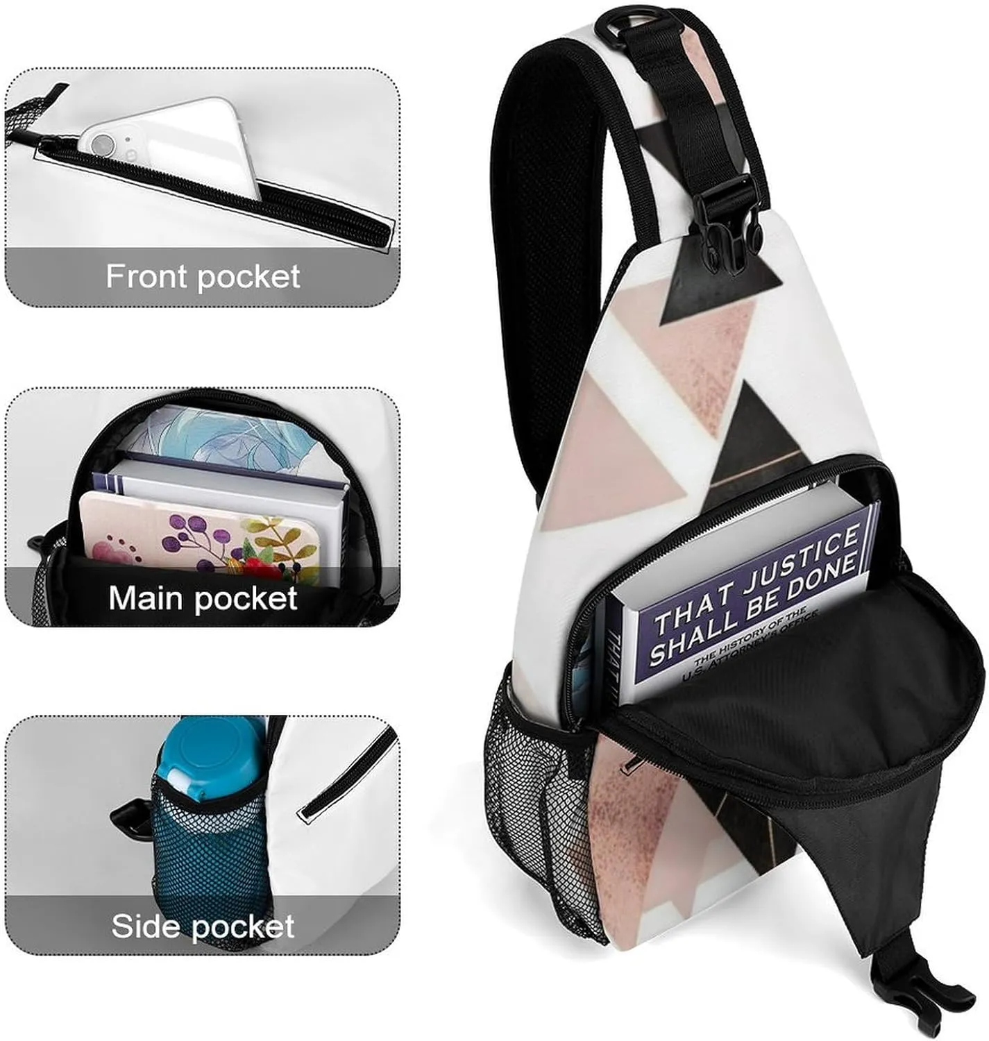 Ultra Lightweight Sling Bag Backpack Chest Day Bag Multipurpose Anti-Theft Backpacking for Outdoor Cycling Hiking Travel, Tool Backpack (Geometric Triangles Rose Gold White Art)
