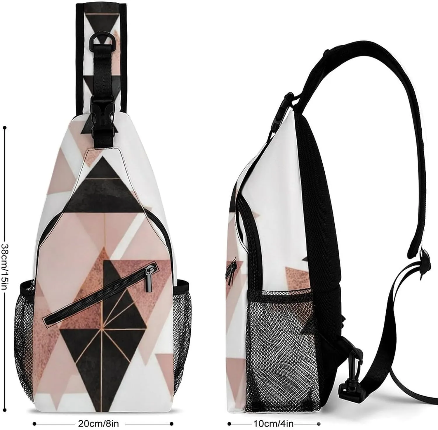 Ultra Lightweight Sling Bag Backpack Chest Day Bag Multipurpose Anti-Theft Backpacking for Outdoor Cycling Hiking Travel, Tool Backpack (Geometric Triangles Rose Gold White Art)