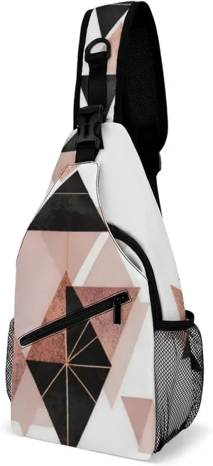 Ultra Lightweight Sling Bag Backpack Chest Day Bag Multipurpose Anti-Theft Backpacking for Outdoor Cycling Hiking Travel, Tool Backpack (Geometric Triangles Rose Gold White Art)