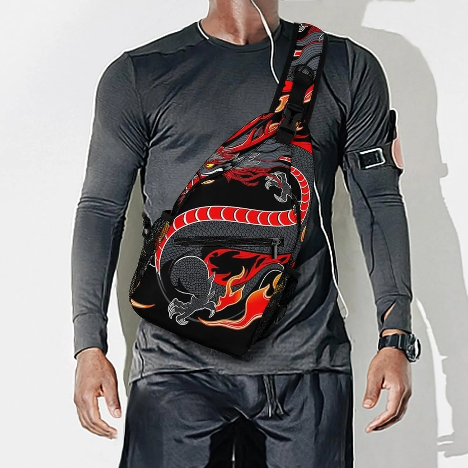 Ultra Lightweight Sling Bag Backpack Shoulder Crossbody Chest Pack Anti-Theft Multipurpose Bag for Outdoor Cycling Hiking Travel (Burning Flaming Fire Chinese Dragon Art)