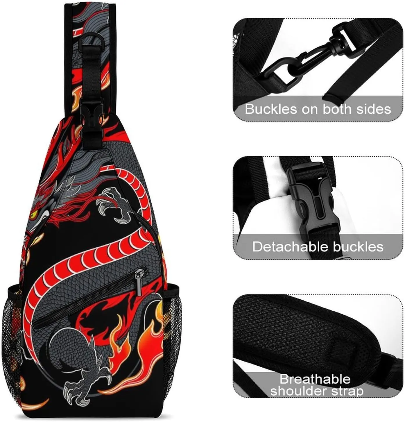 Ultra Lightweight Sling Bag Backpack Shoulder Crossbody Chest Pack Anti-Theft Multipurpose Bag for Outdoor Cycling Hiking Travel (Burning Flaming Fire Chinese Dragon Art)