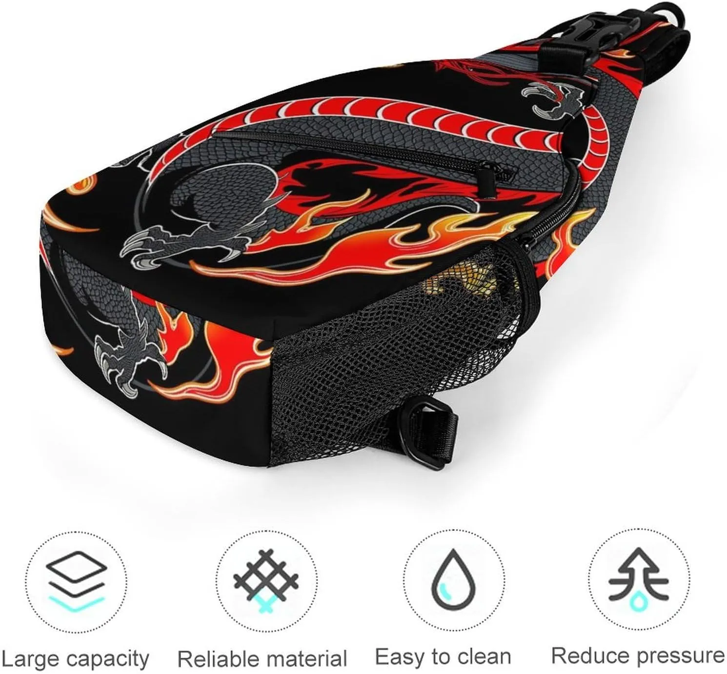Ultra Lightweight Sling Bag Backpack Shoulder Crossbody Chest Pack Anti-Theft Multipurpose Bag for Outdoor Cycling Hiking Travel (Burning Flaming Fire Chinese Dragon Art)
