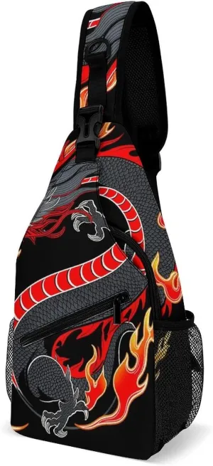 Ultra Lightweight Sling Bag Backpack Shoulder Crossbody Chest Pack Anti-Theft Multipurpose Bag for Outdoor Cycling Hiking Travel (Burning Flaming Fire Chinese Dragon Art)