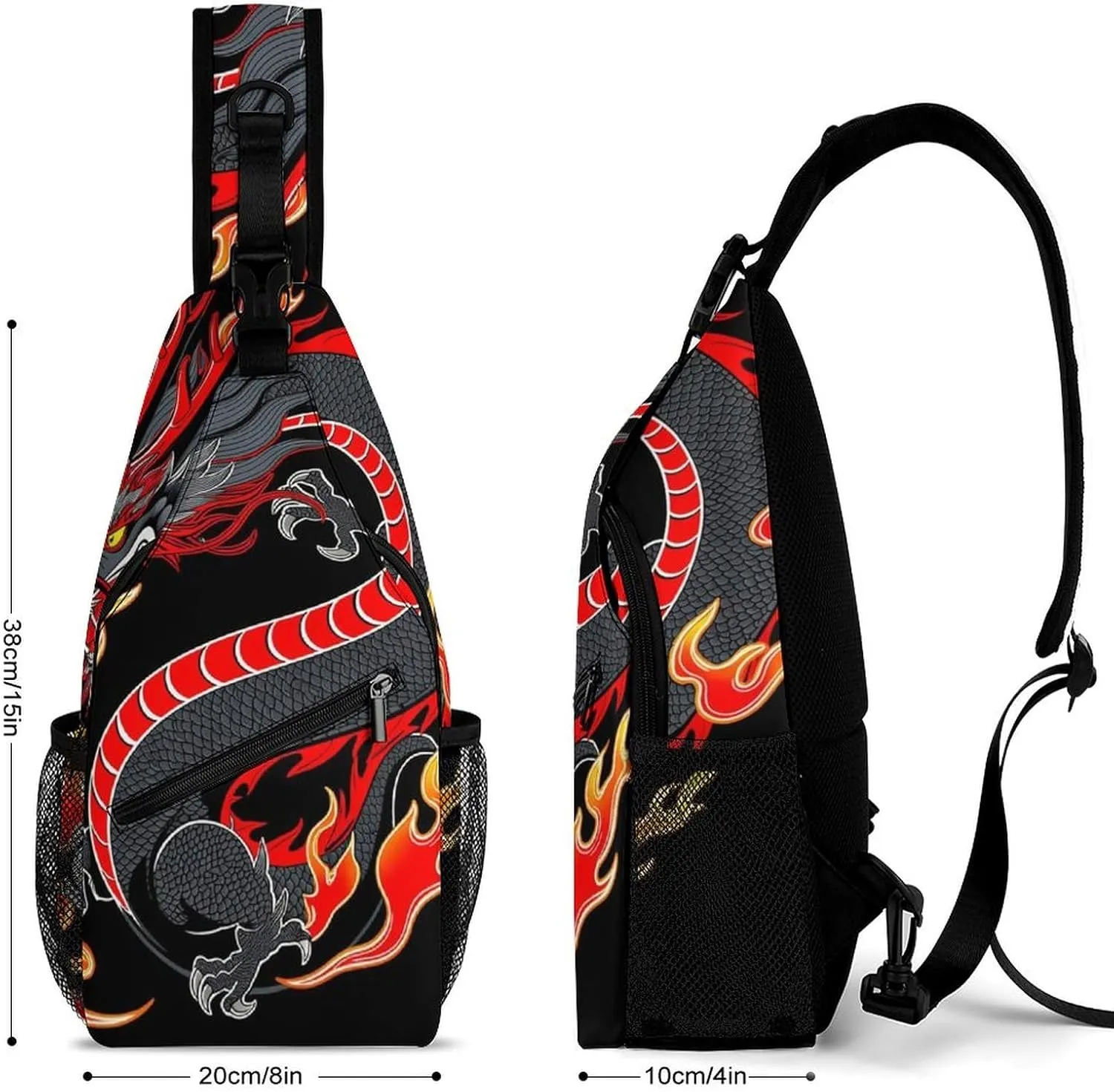 Ultra Lightweight Sling Bag Backpack Shoulder Crossbody Chest Pack Anti-Theft Multipurpose Bag for Outdoor Cycling Hiking Travel (Burning Flaming Fire Chinese Dragon Art)