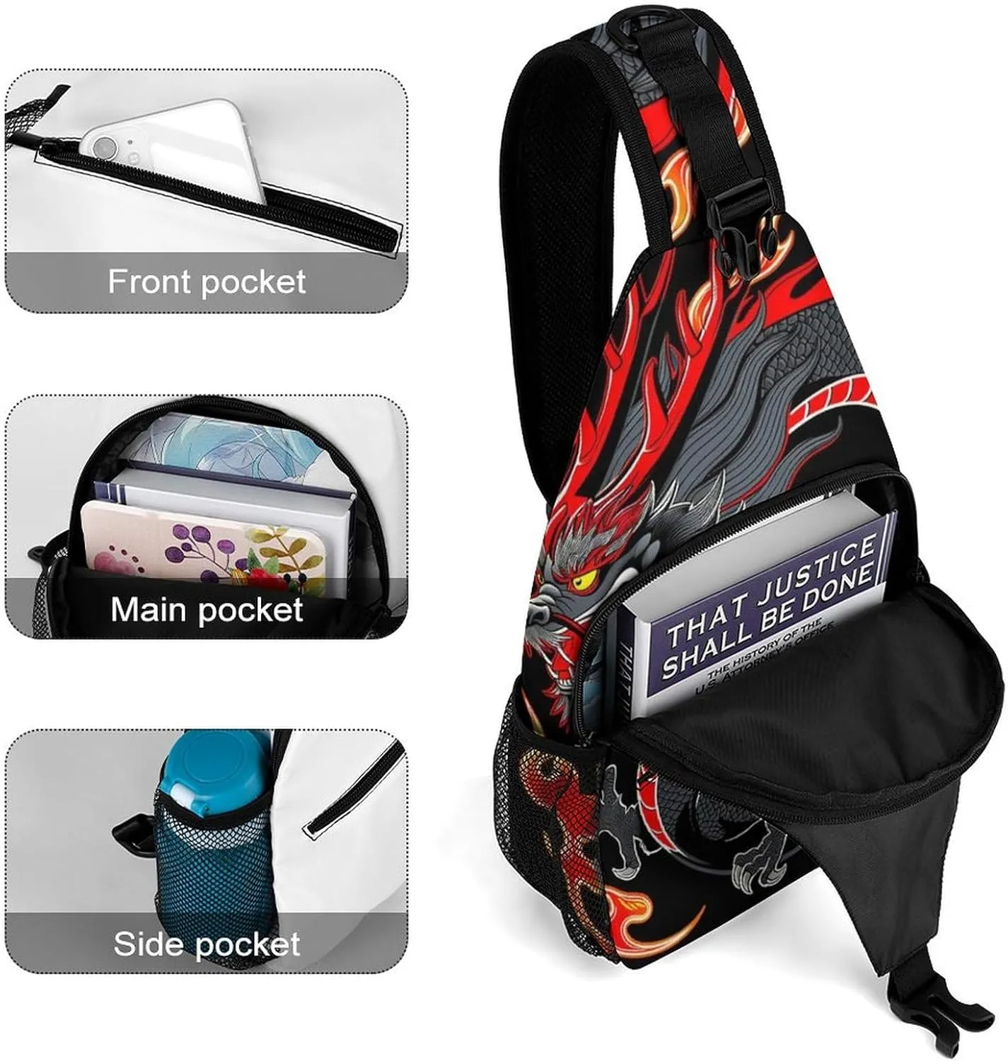 Ultra Lightweight Sling Bag Backpack Shoulder Crossbody Chest Pack Anti-Theft Multipurpose Bag for Outdoor Cycling Hiking Travel (Burning Flaming Fire Chinese Dragon Art)