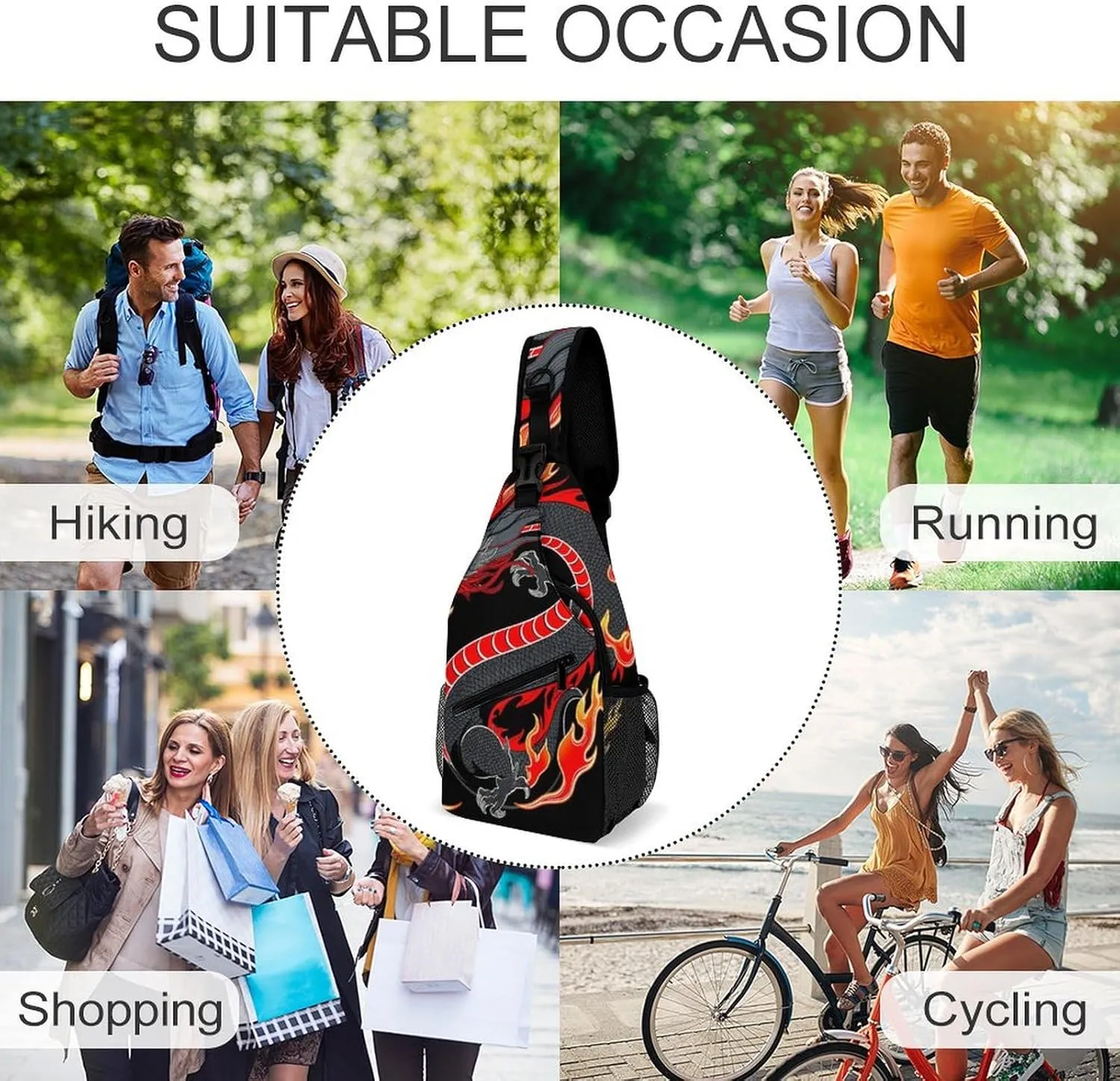 Ultra Lightweight Sling Bag Backpack Shoulder Crossbody Chest Pack Anti-Theft Multipurpose Bag for Outdoor Cycling Hiking Travel (Burning Flaming Fire Chinese Dragon Art)