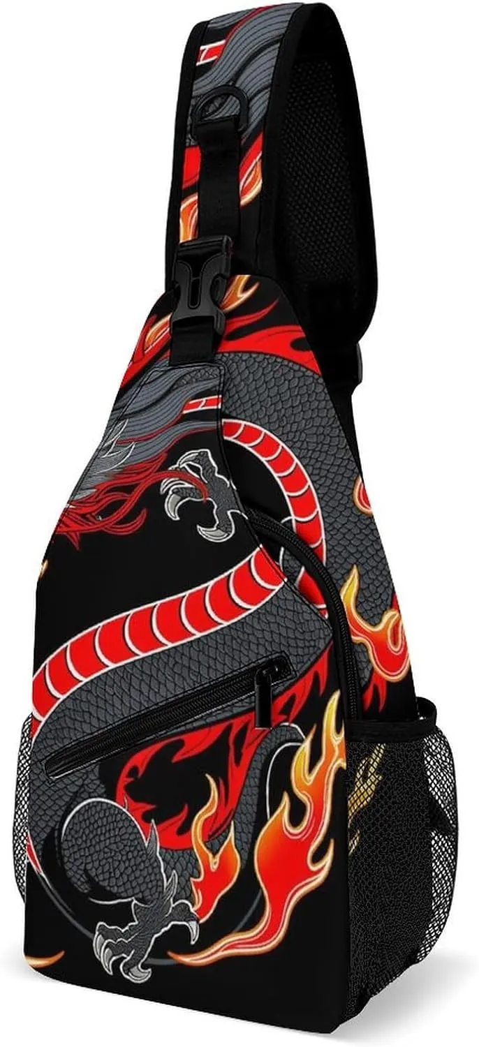 Ultra Lightweight Sling Bag Backpack Shoulder Crossbody Chest Pack Anti-Theft Multipurpose Bag for Outdoor Cycling Hiking Travel (Burning Flaming Fire Chinese Dragon Art)