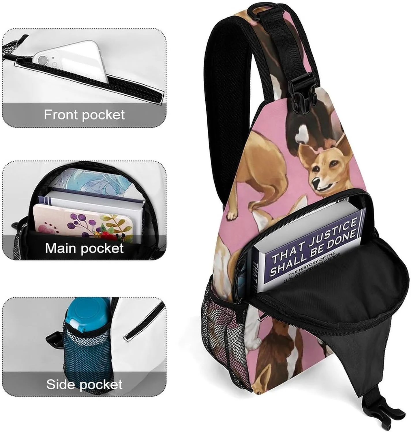 Ultra Lightweight Sling Shoulder Backpack Shoulder Crossbody Bag Chest Pack Multipurpose Anti-Theft Daypack for Outdoors Camping Hiking Trekking, Chiwawas Dog Pink Art